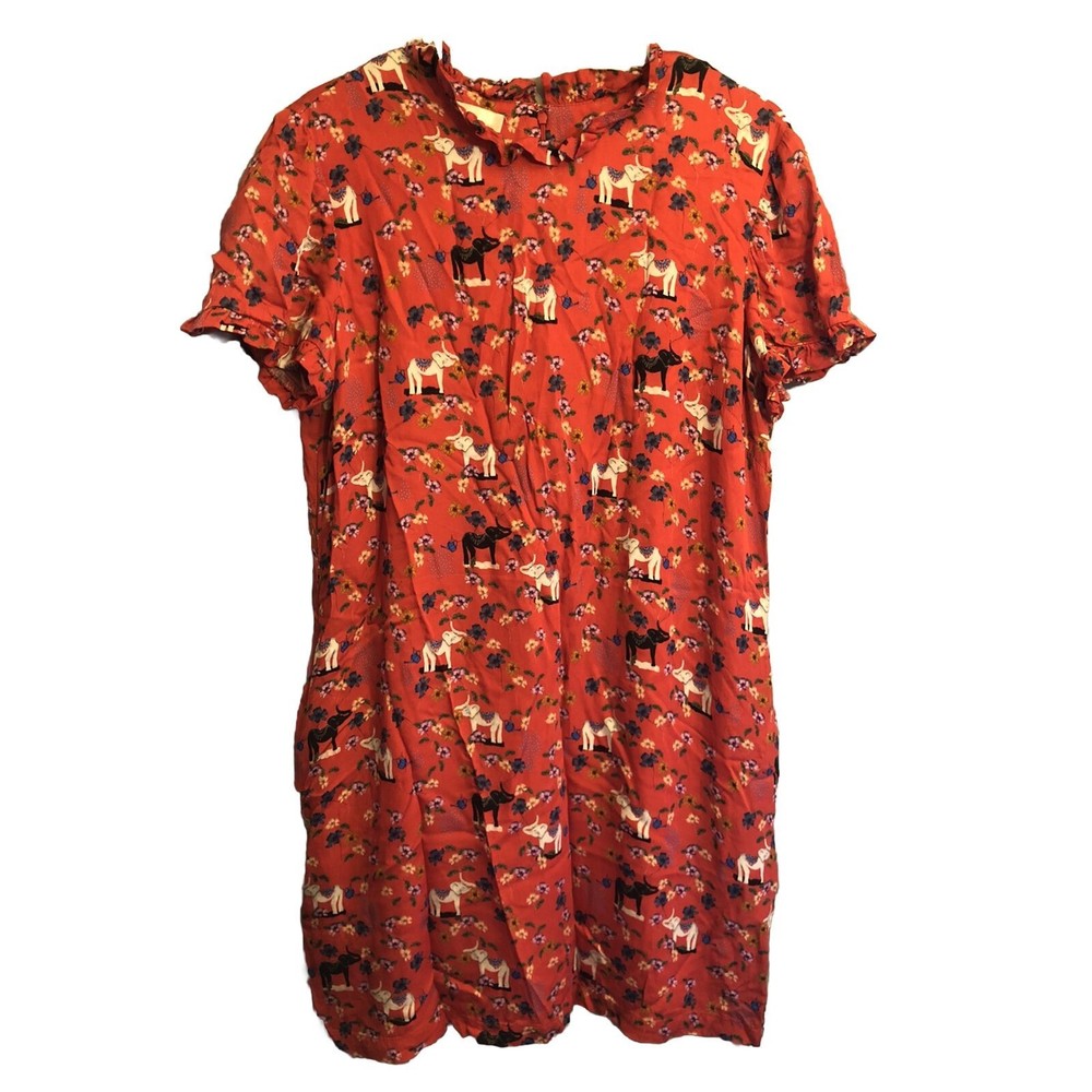 Anthropologie Corey Lynn Calter Red Floral Shift Dress Ruffle Short Sleeve Large